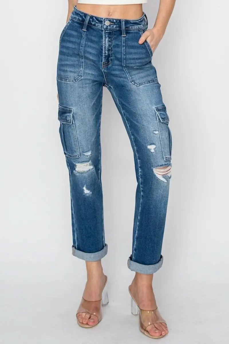 RISEN Full Size High Rise Cargo Ankle Roll Up Straight Jeans - Love Salve